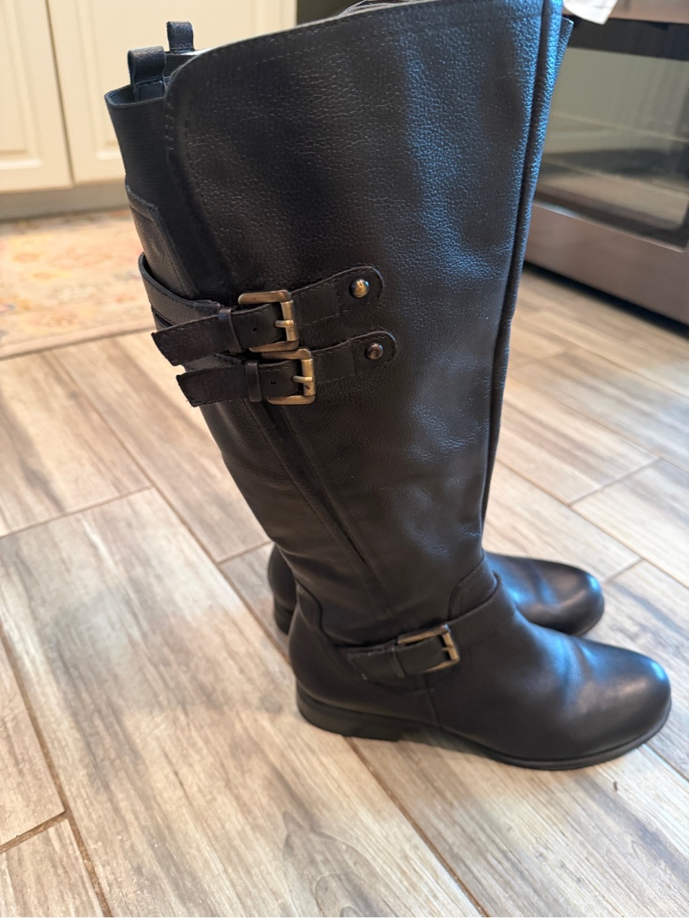 Classic Black Buckle Wide Leg lKnee-High Women's Boots